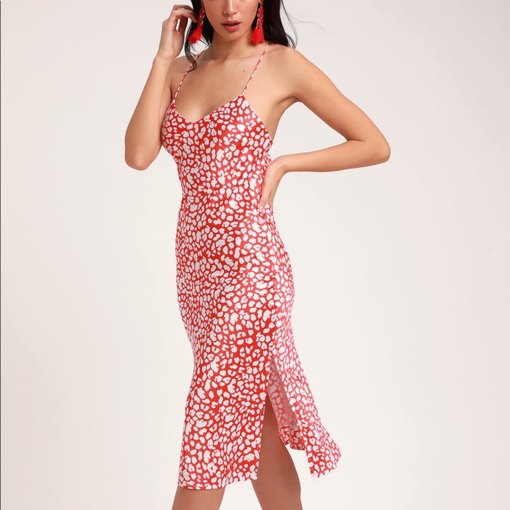 Calling my name red print satin midi dress Lulus